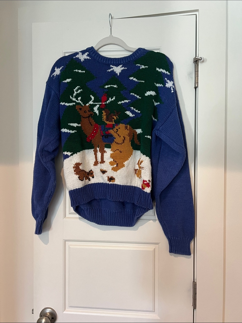 Adolfo Blue Knit Sweater with White Holiday Motif